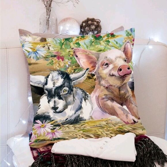 Baby Pig and Goat Pillow Cover - Picture 2 of 5